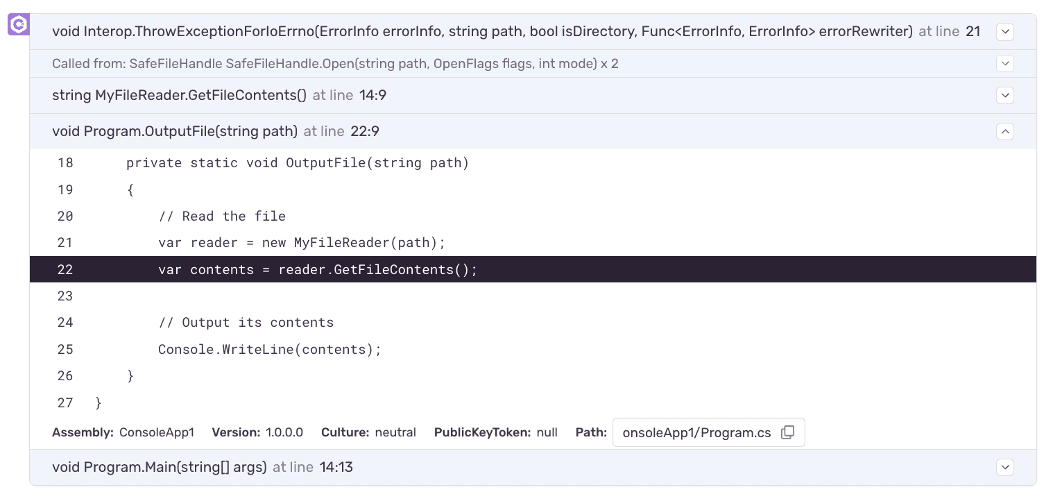 Screenshot of stack trace showing source context.